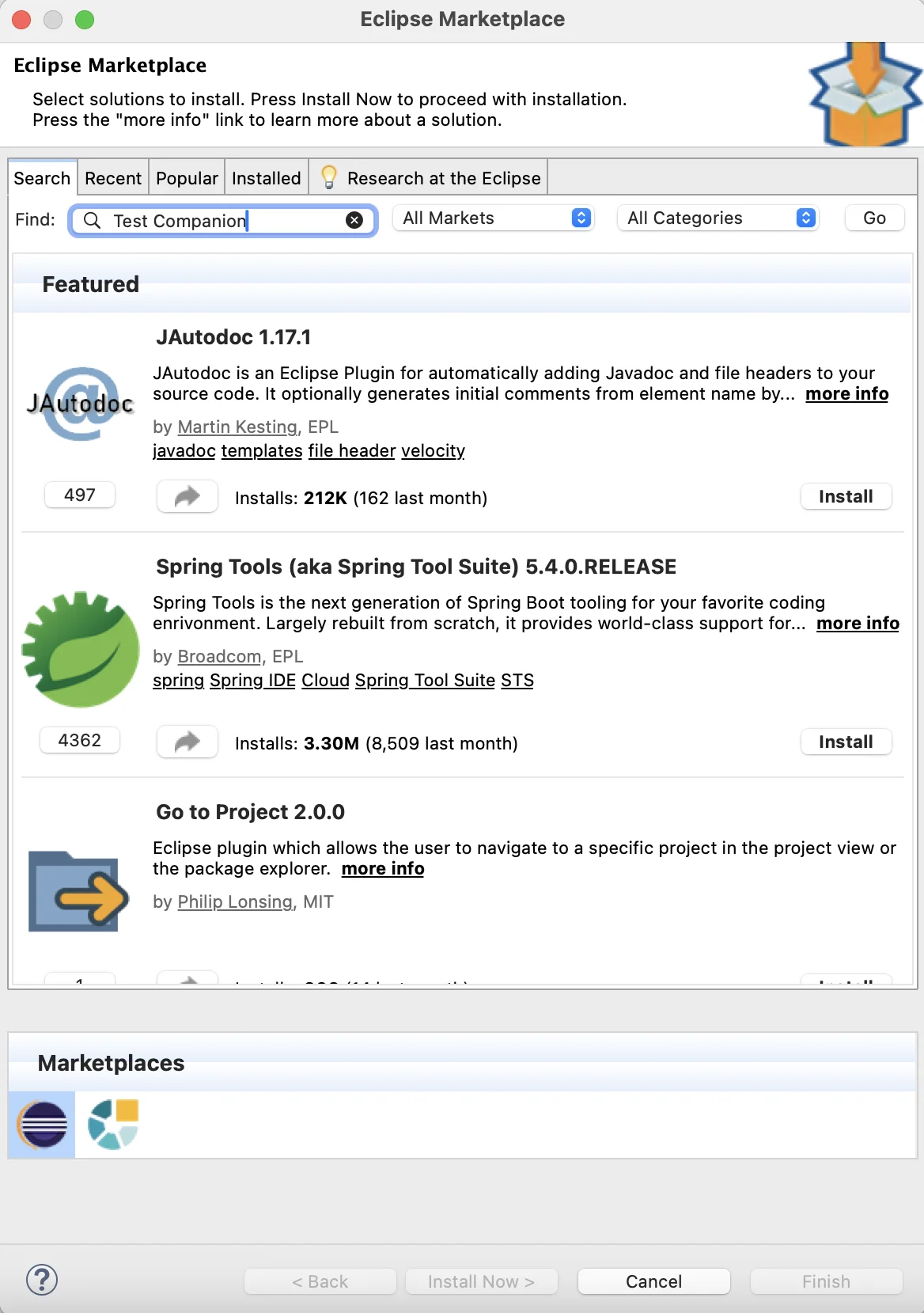Eclipse Marketplace dialog with Test Companion typed in the Find box