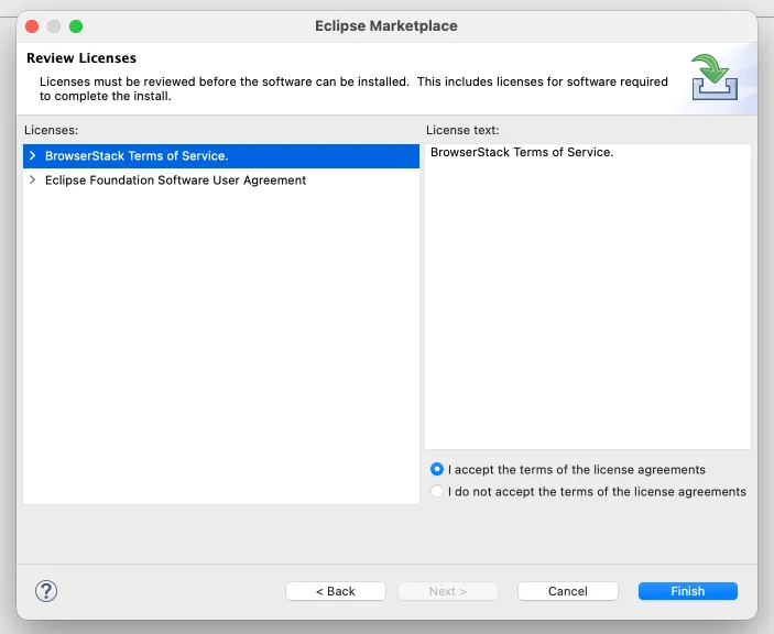 Review Licenses page listing the BrowserStack Terms of Service with the accept option selected