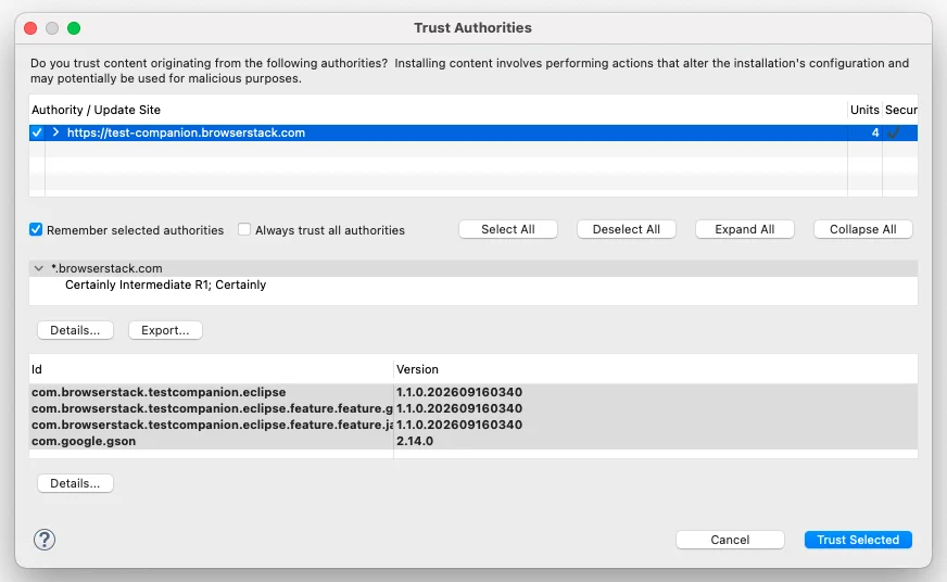 Trust Authorities dialog listing the BrowserStack update site as the authority to trust
