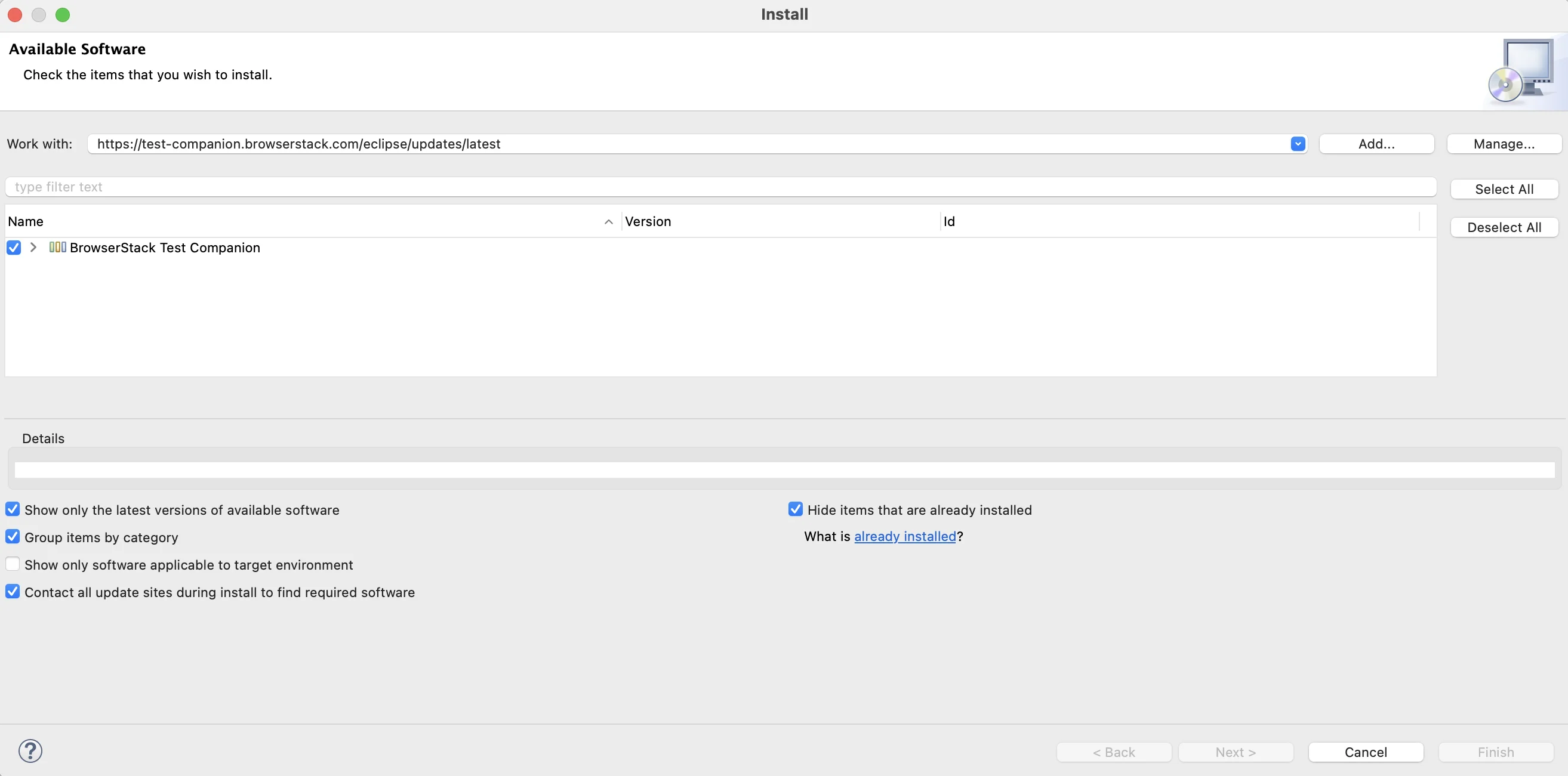 Install dialog listing BrowserStack Test Companion after the update site is added