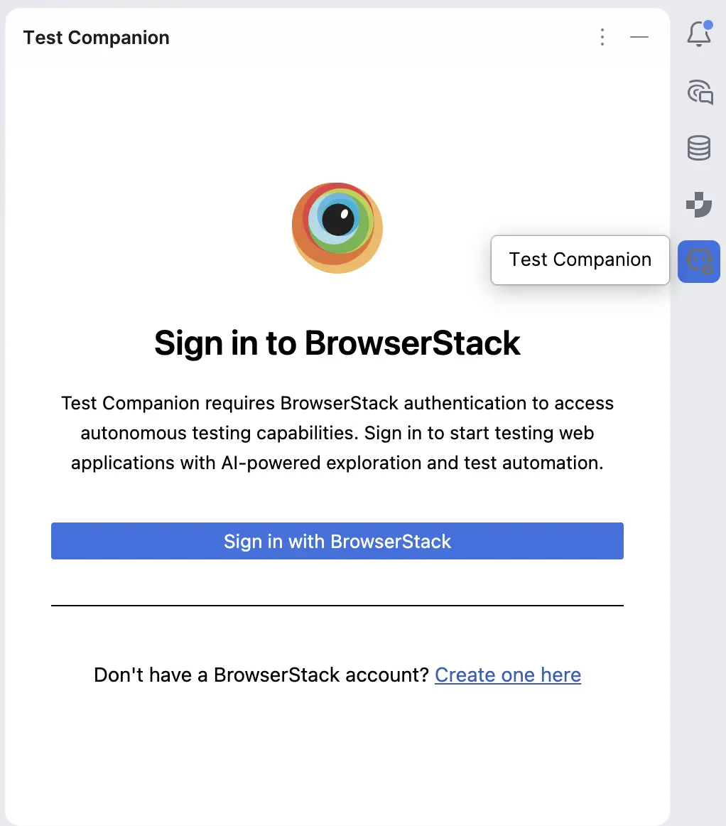 Signin with BrowserStack in Test Companion panel in IntelliJ