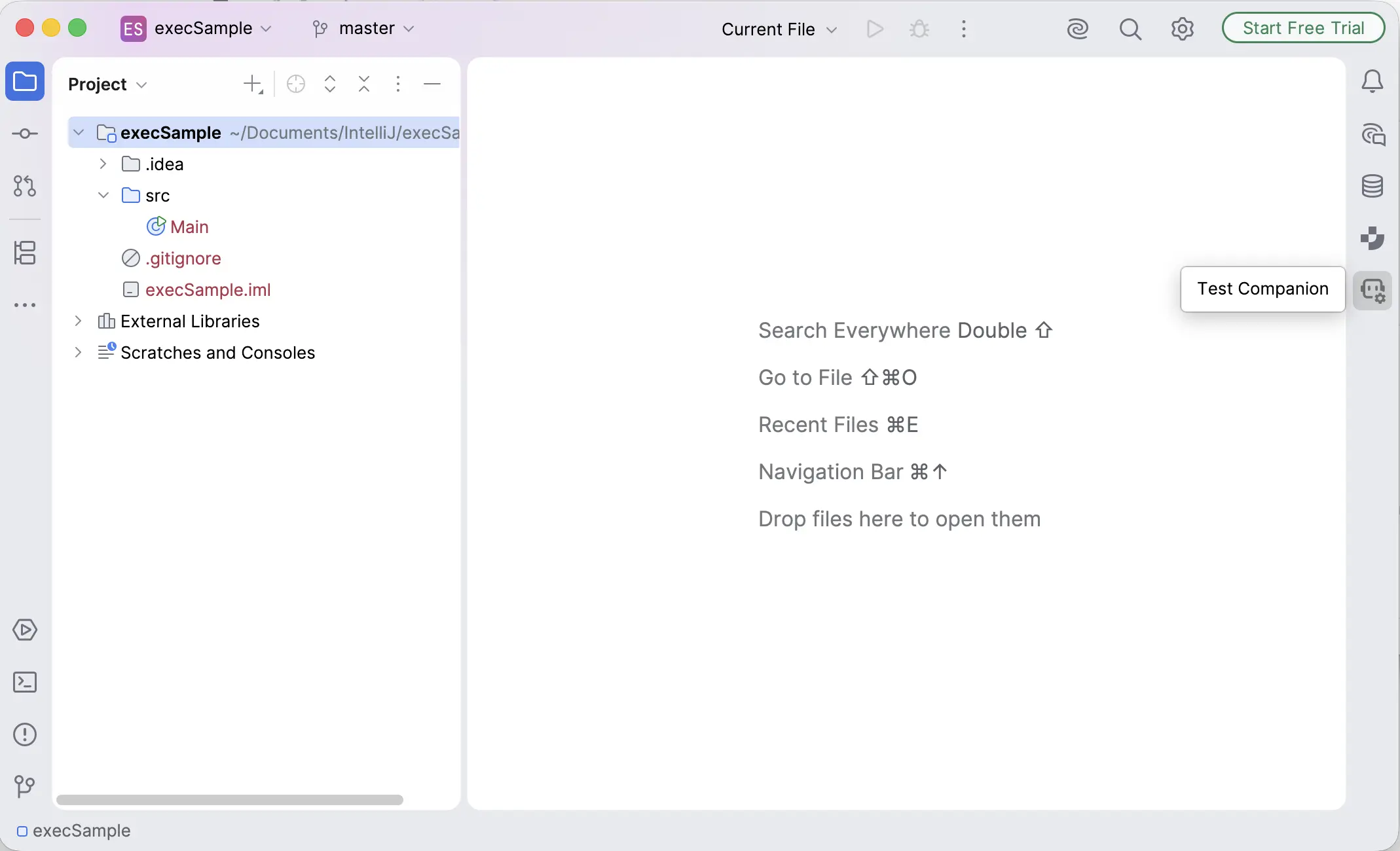 Test Companion panel open in IntelliJ, showing the New Task, Test Cases, and Failure Analysis tabs alongside the editor
