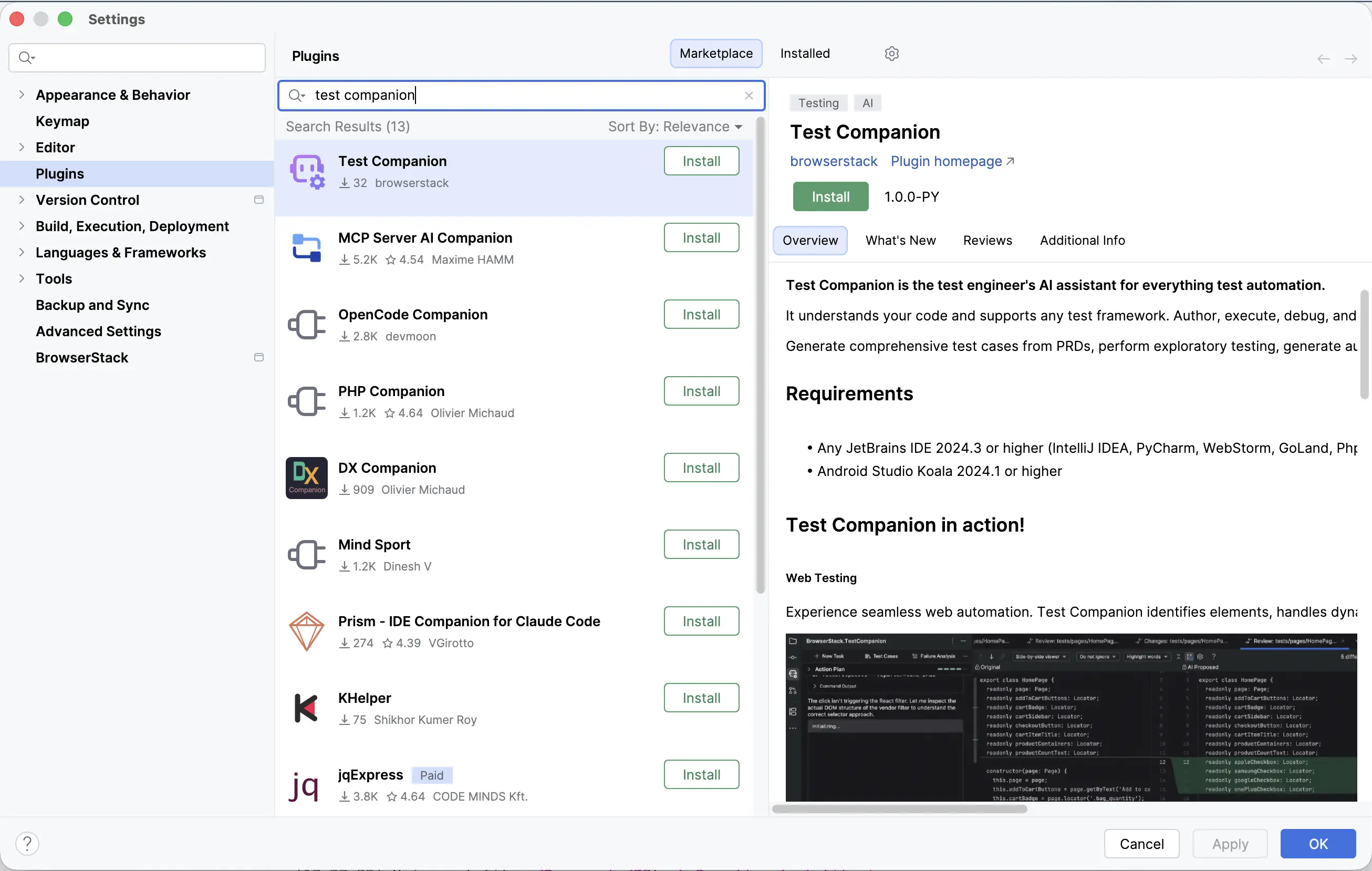 Marketplace search results showing Test Companion at the top of the list with its description on the right