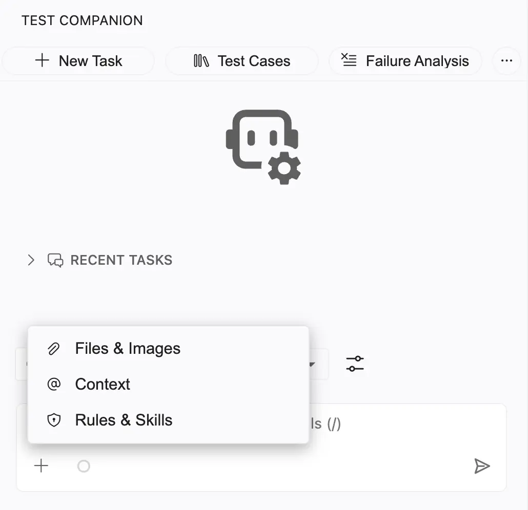 The chat field plus menu open, showing Files & Images, Context, and Rules & Skills