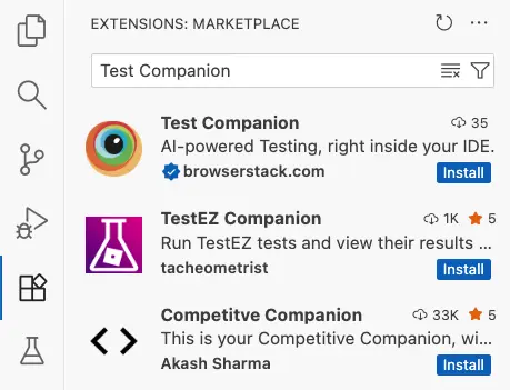Search for test companion in the extension view