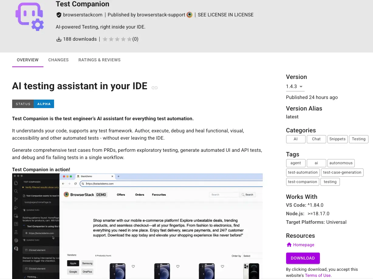Select download button on the open vsx test companion page