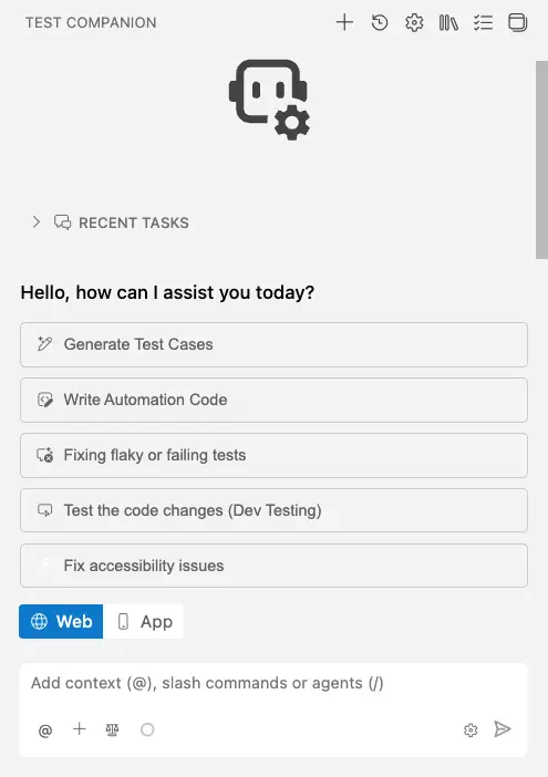 The Test Companion chat panel in VS Code showing the sidebar layout with chat and test management areas