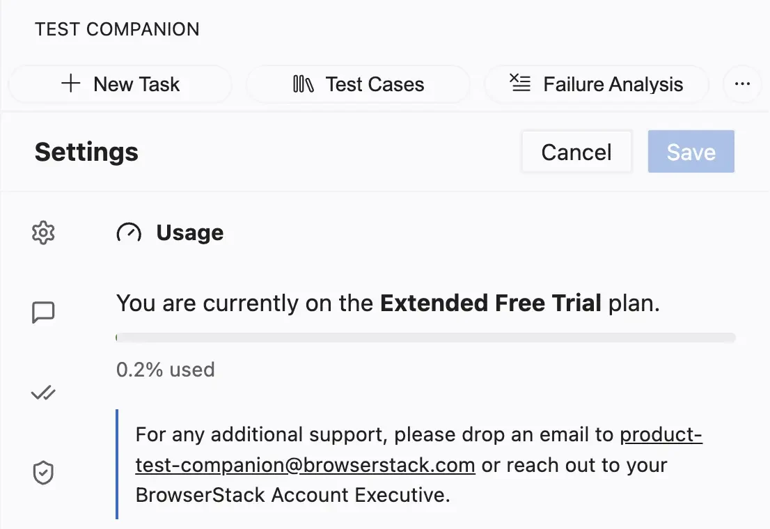 Usage tab showing the current plan and usage meter
