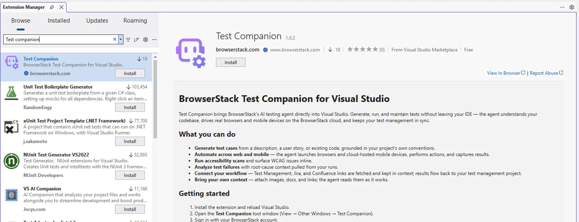 Extension Manager Browse tab with the Test Companion extension by BrowserStack at the top of the search results