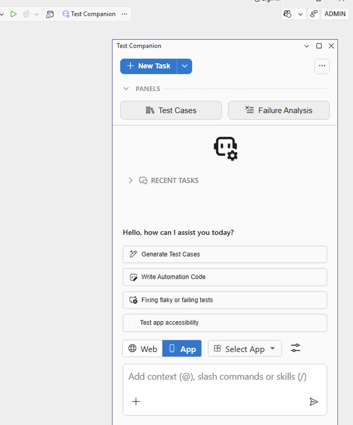 Test Companion panel in Visual Studio showing the New Task button, the Test Cases and Failure Analysis panels, and the prompt box