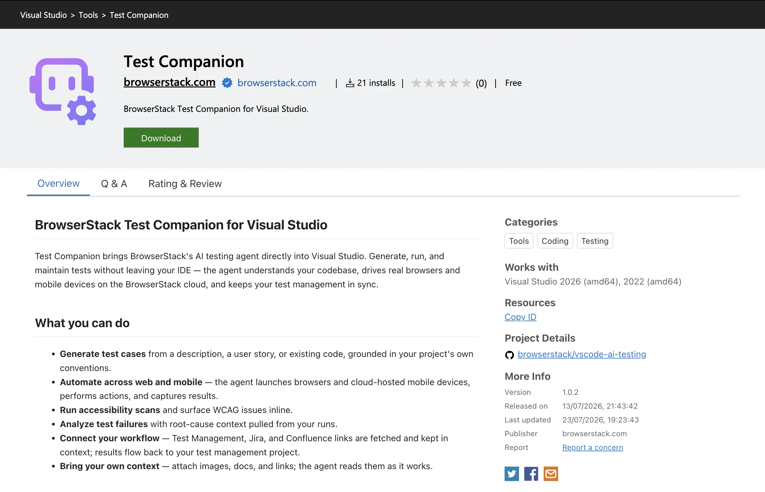 Test Companion page on the Visual Studio Marketplace with the Download button