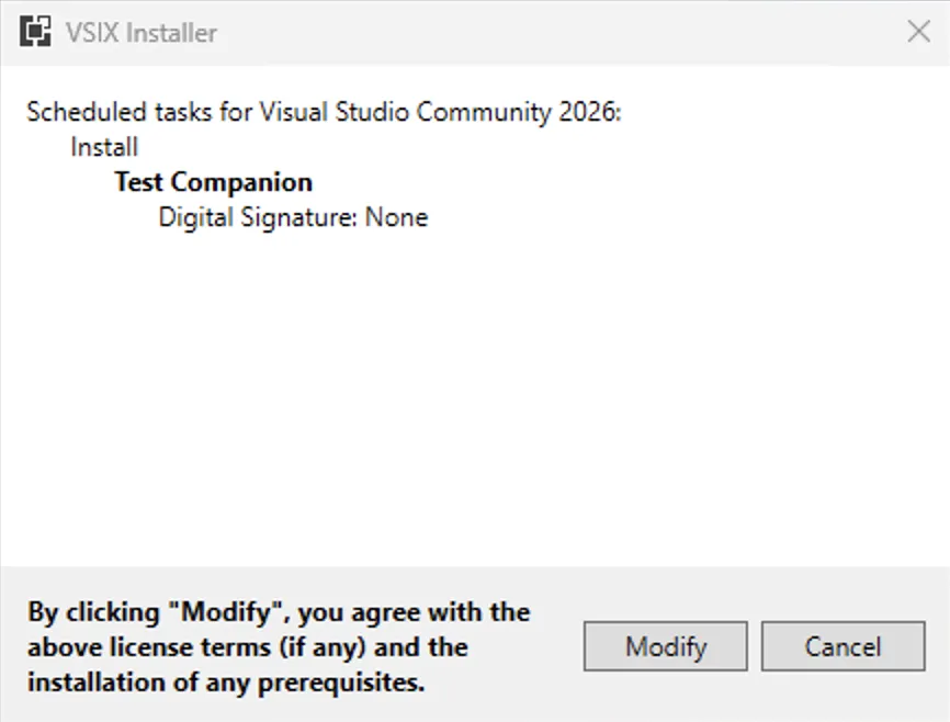 VSIX Installer listing Test Companion as a scheduled install, with Modify and Cancel buttons