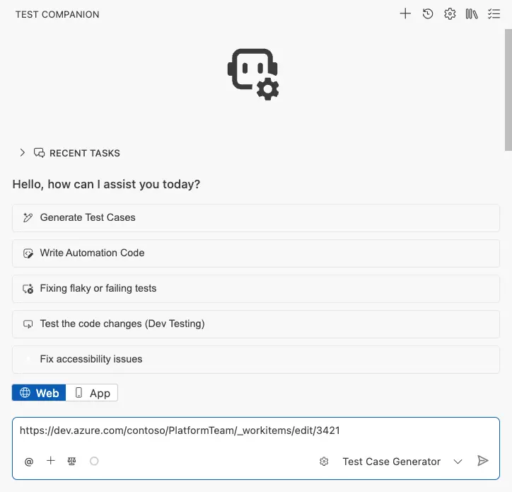 Screenshot showing an Azure Boards work item link pasted into the Test Companion chat in the IDE