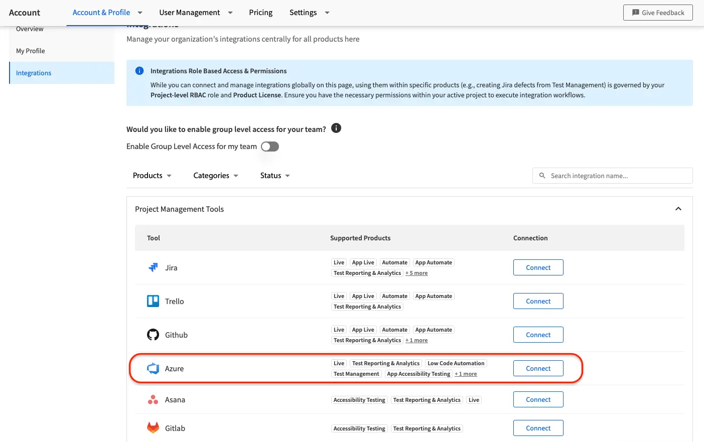 Screenshot of the BrowserStack Integrations page showing the Azure DevOps connection option