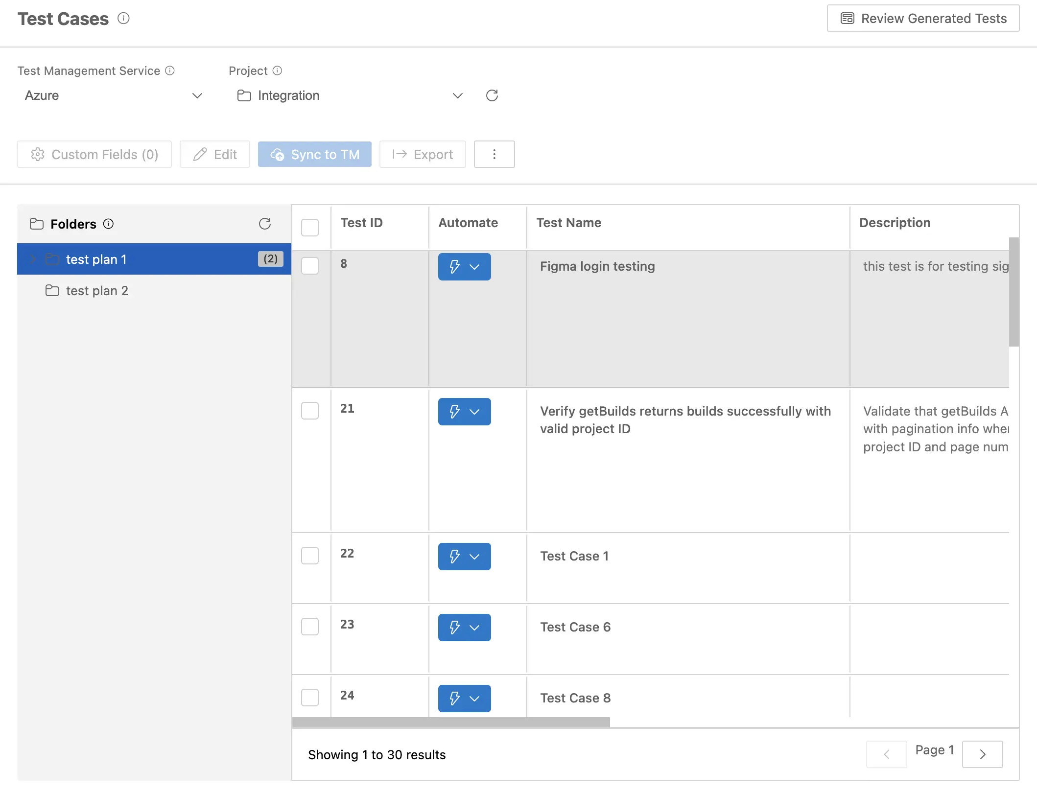Screenshot showing the folder tree of test plans and suites on the left, with test cases loaded in the grid on the right