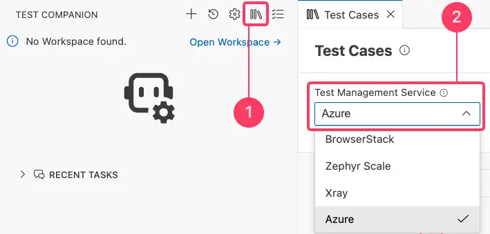 Screenshot of the Test Cases tab showing the Test Management Service dropdown with Azure Test Plans selected