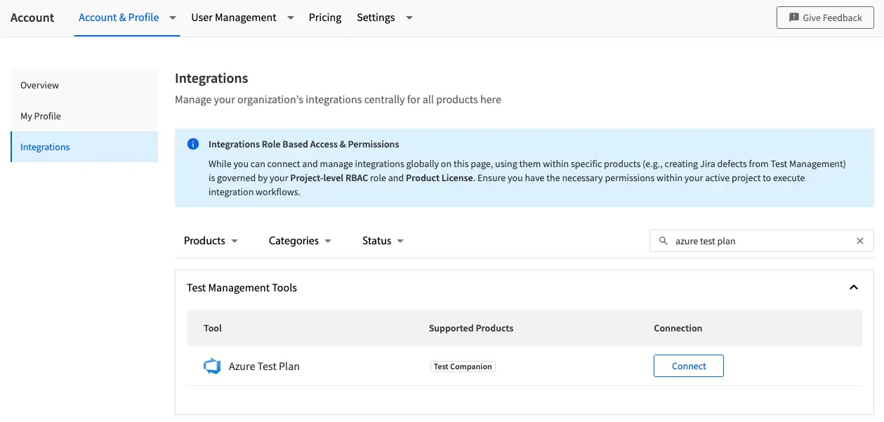 Screenshot of the BrowserStack Integrations page showing the Azure DevOps connection option