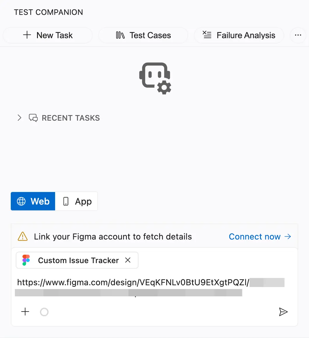 The Connect now option in the Link your Figma account to fetch details prompt in Test Companion chat