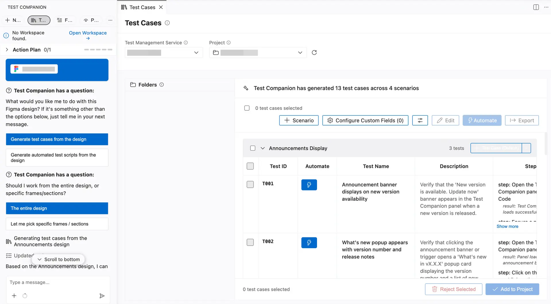 Generated test cases open in the Test Companion Test Cases view