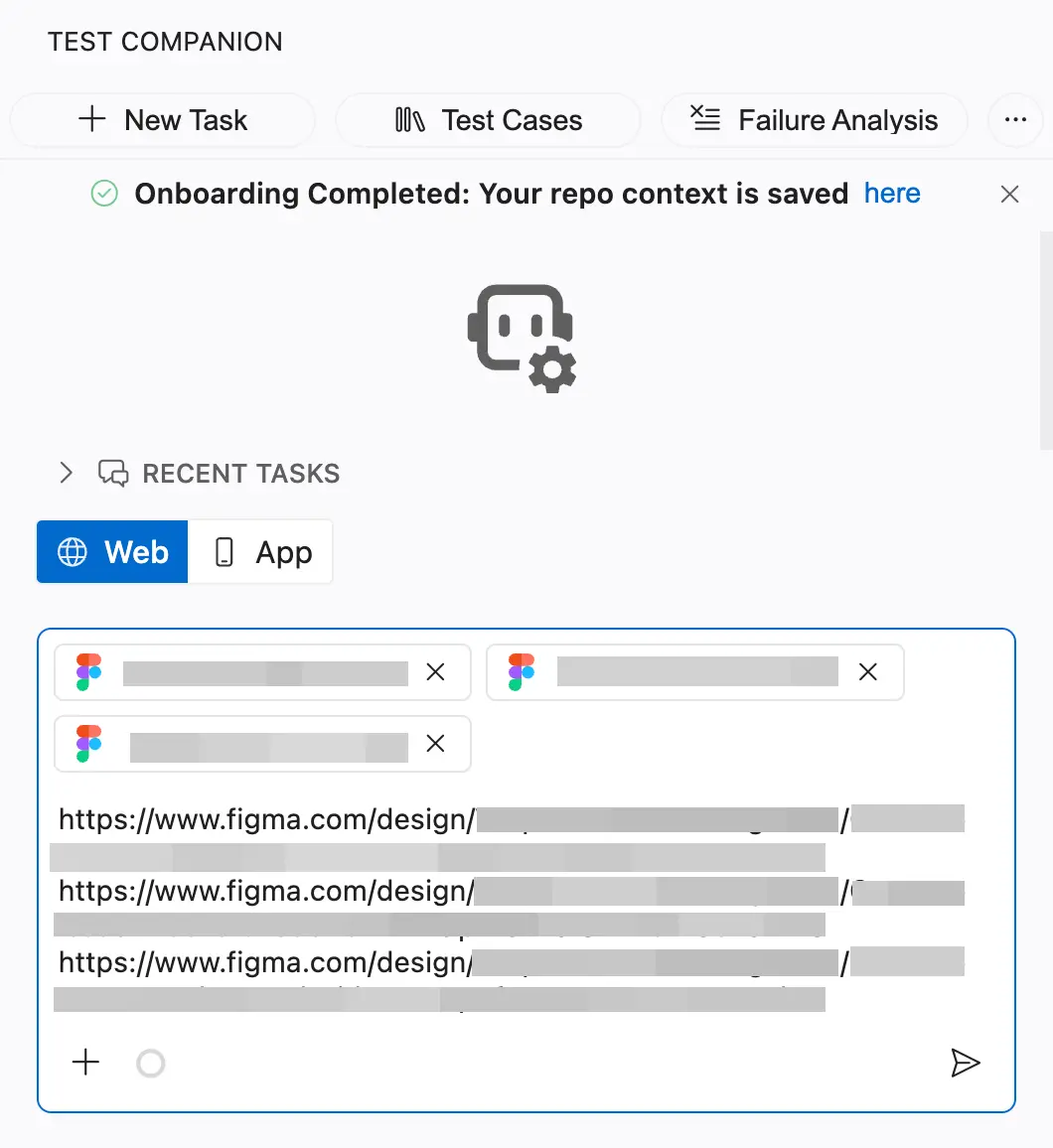 A Figma link pasted into the Test Companion chat as a chip