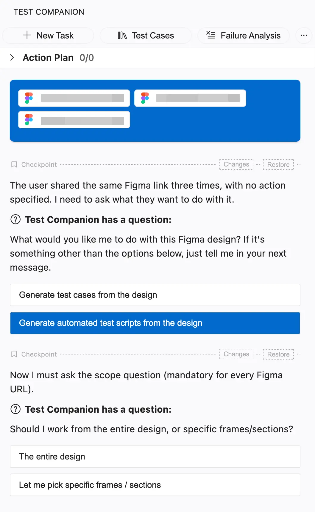 Test Companion asking what to generate and which scope to use after a Figma link is sent