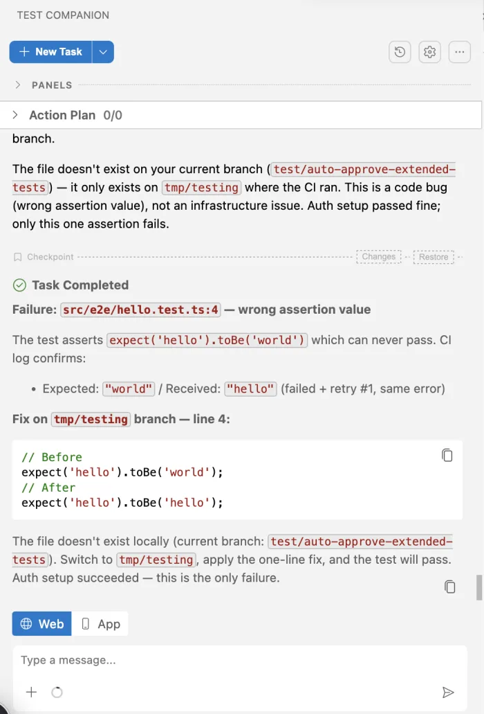 Test Companion chat showing Task Completed with the failing test, the CI log evidence, and the suggested fix as before and after code