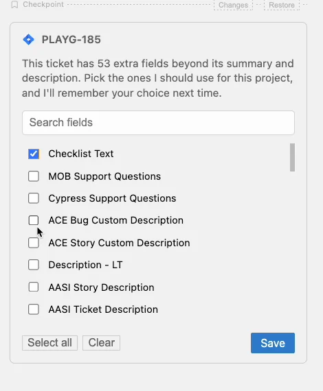 Card listing the custom fields on a Jira ticket, with a checkbox for each field and a Save button