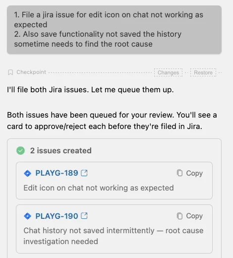 Chat confirmation listing two created Jira issues, each with its issue key and a Copy button
