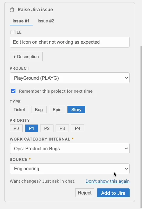 Raise Jira issue card showing the drafted title, the project and issue type, the priority, and the fields the project requires