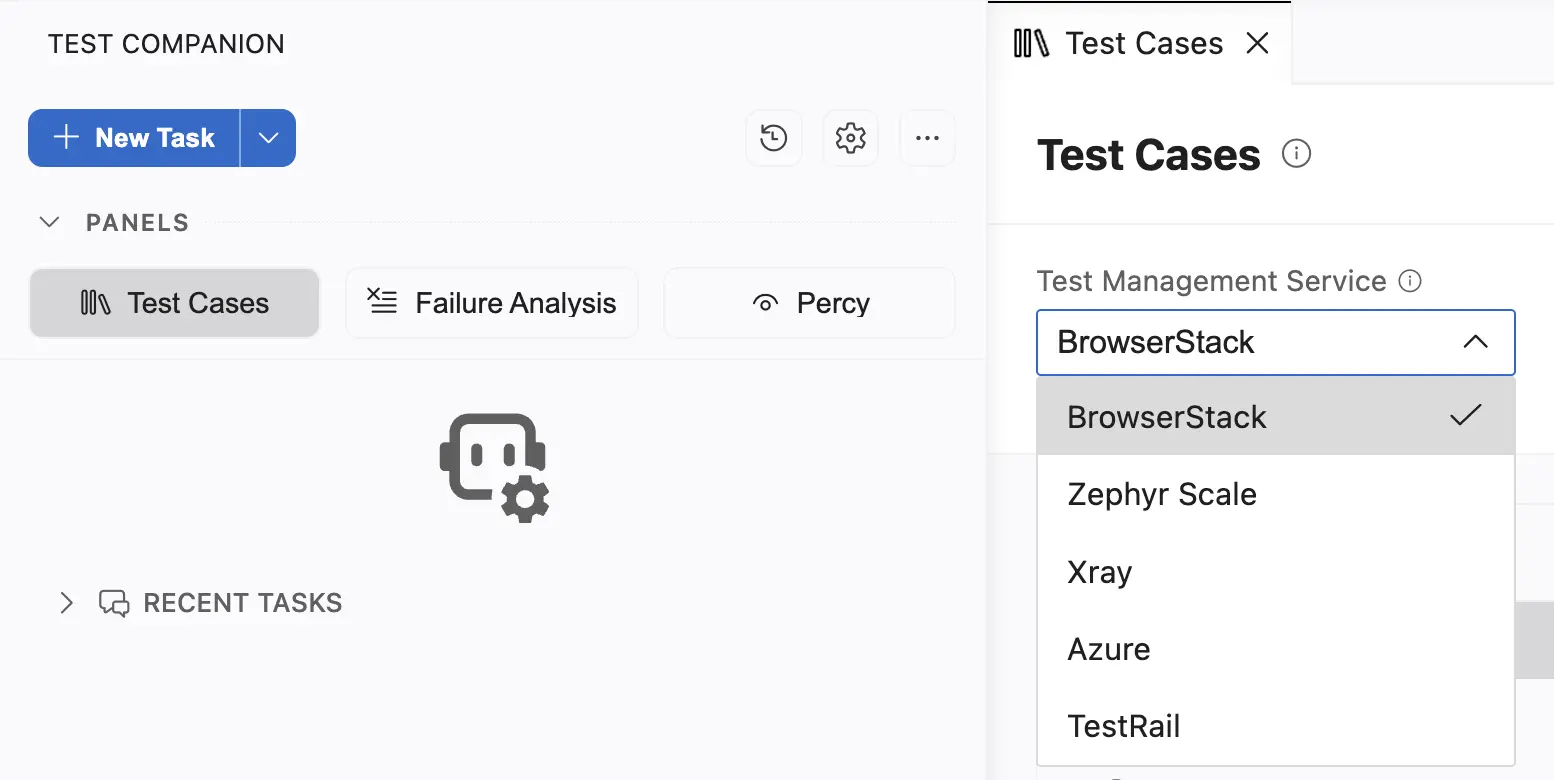 Test Management Service dropdown open, showing BrowserStack, Zephyr Scale, Xray, Azure, and TestRail