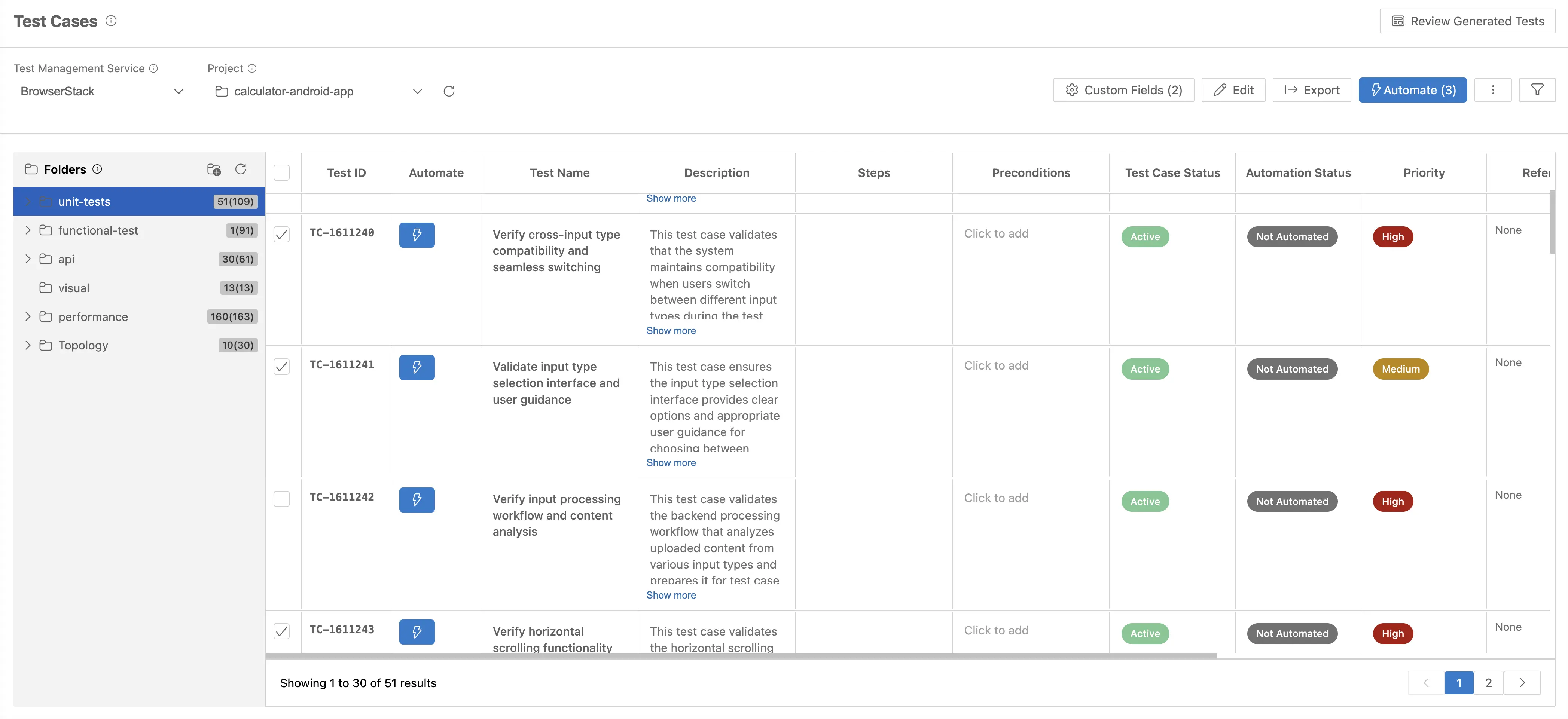 Click the blue Automate button to generate test scripts