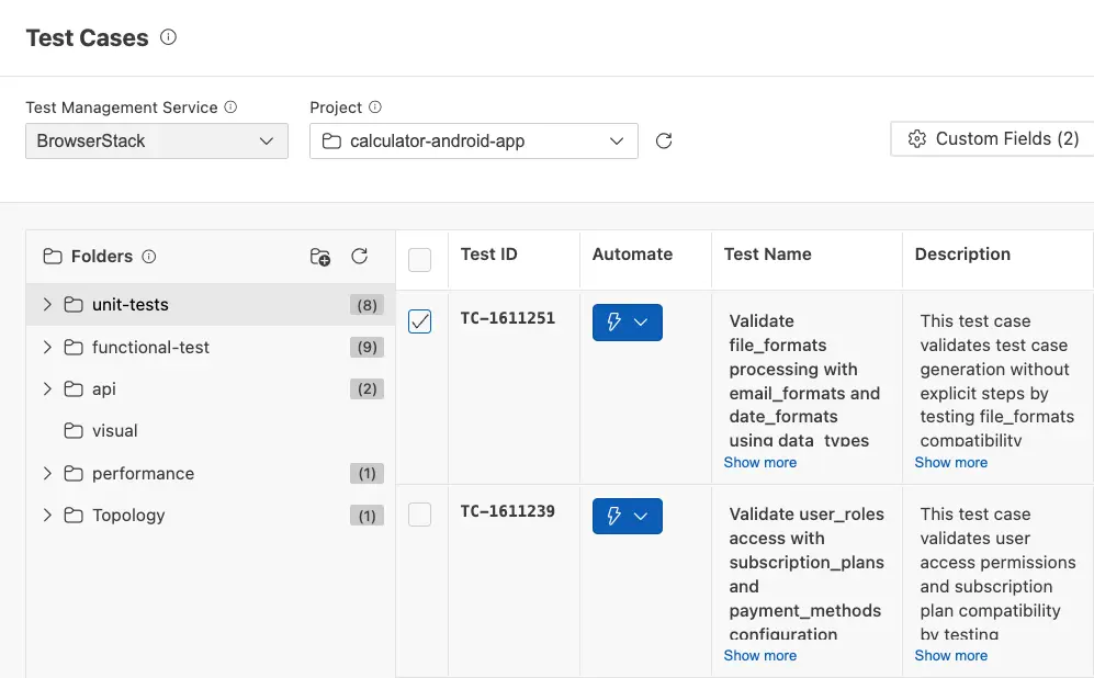 Click the automate button next to a test case to send it to the automation generator