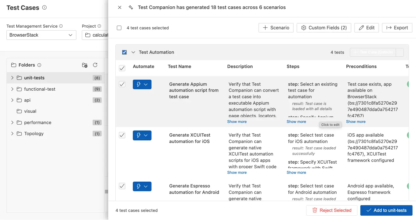 Bulk edit dialog and create scenario option in the Test Cases panel toolbar