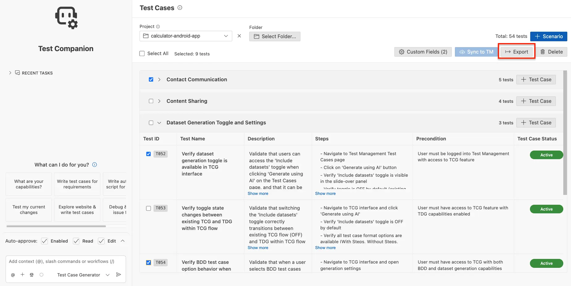 Test Cases panel with checkboxes selected next to test cases