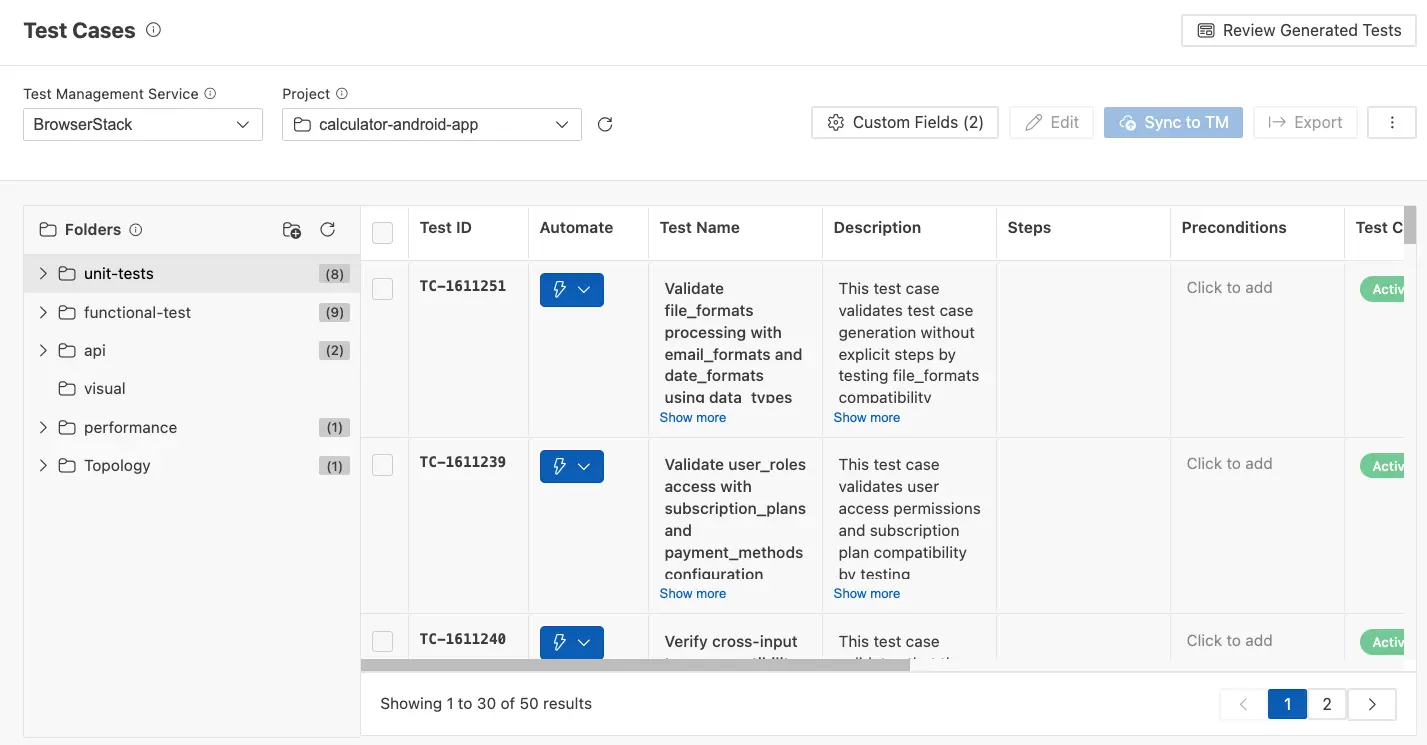 Select BrowserStack from the Test Management Service dropdown in the toolbar