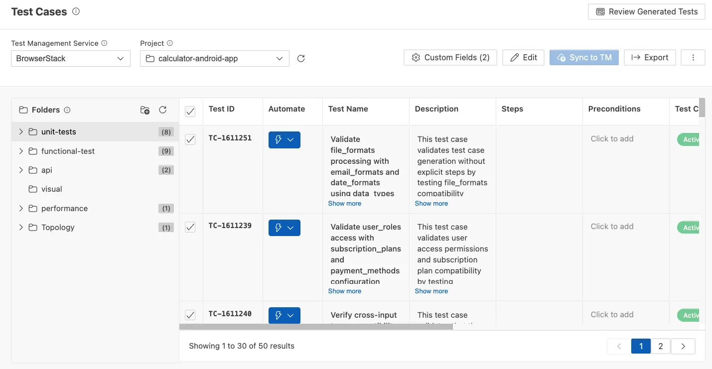 The Test Management panel view showing the toolbar, project selector, and test case list
