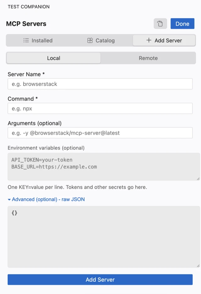The Local form with Advanced raw JSON expanded, showing an empty JSON editor above the Add Server button