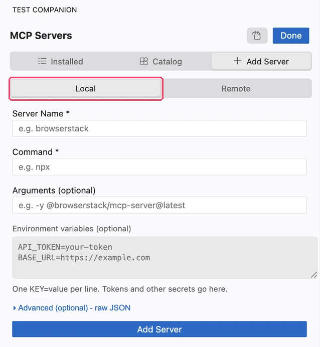The Local form in the Add Server tab, with the Server Name, Command, Arguments, and Environment variables fields