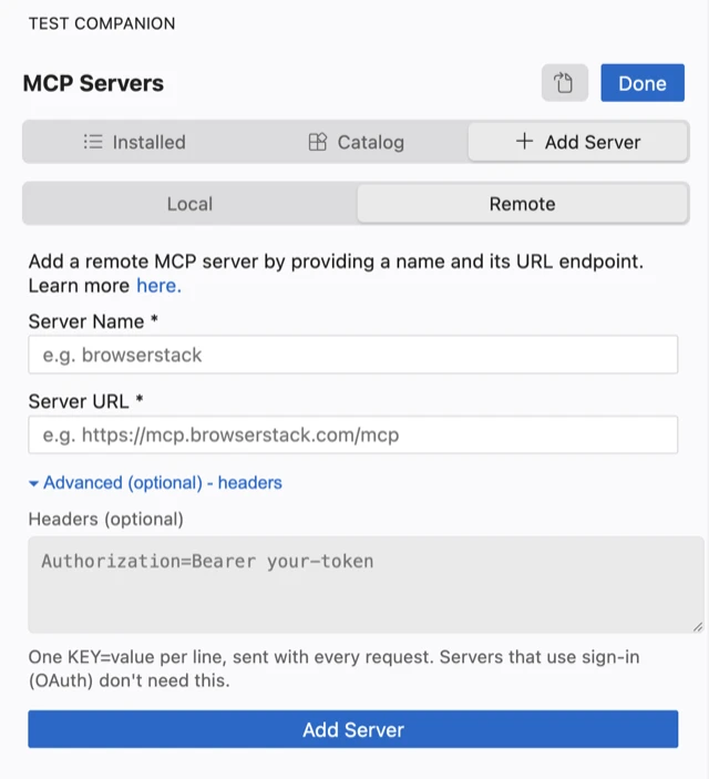 The Remote form with Advanced headers expanded, showing the Headers field with an Authorization example