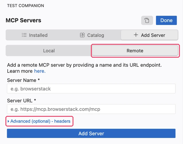 The Remote form in the Add Server tab, with the Server Name and Server URL fields and the Advanced headers link