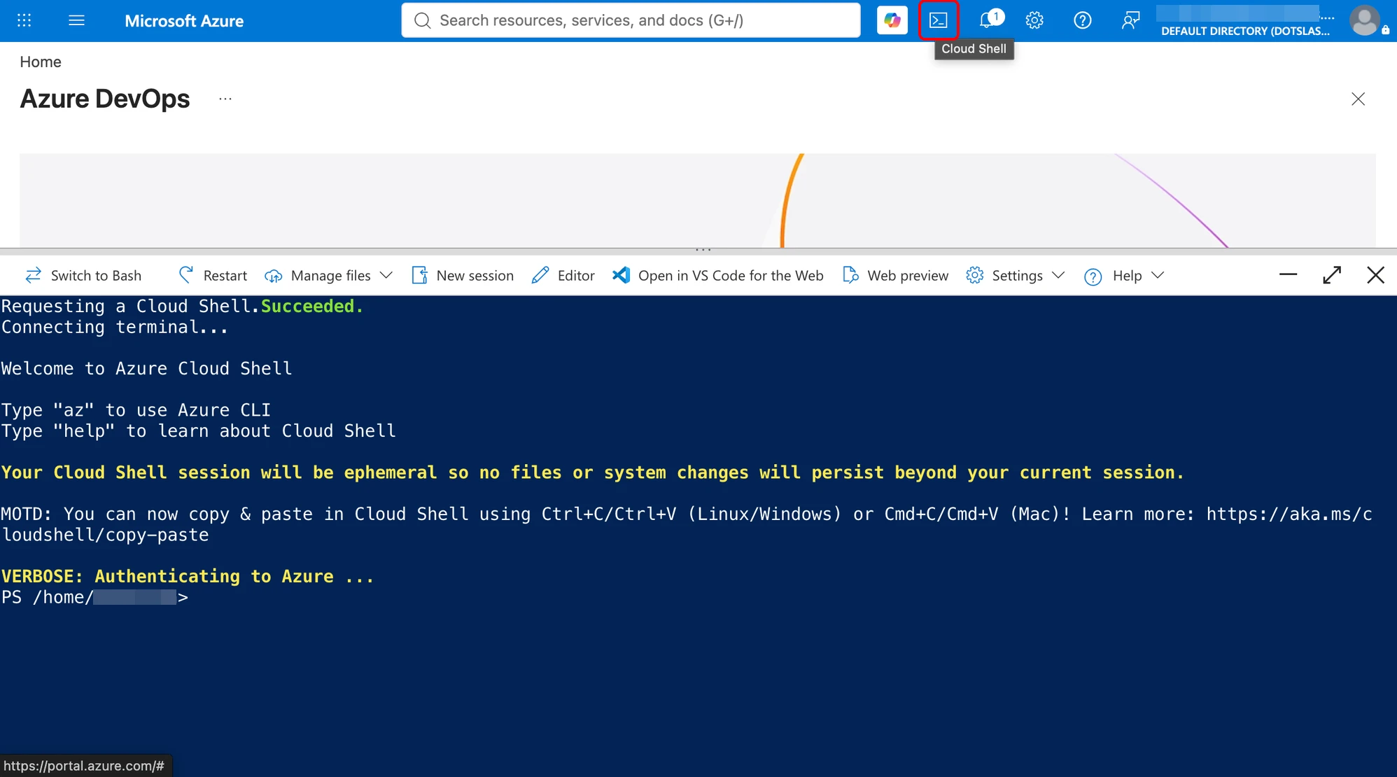 The Cloud Shell icon in the Azure portal header and the Cloud Shell terminal that opens below the page