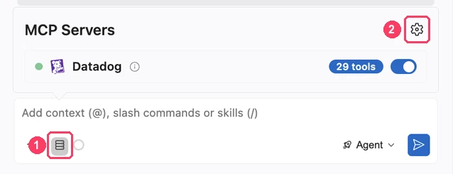 The MCP Servers button below the chat message box and the settings icon in the list that opens
