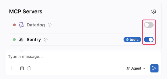 The MCP Servers list below the chat message box, with a switch to turn each server on or off