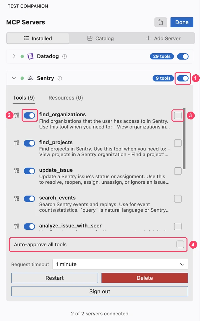 An expanded Sentry server in the Installed tab, with the server, tool, and auto-approve controls marked 1 to 4