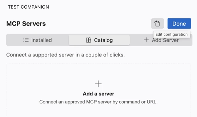 The MCP Servers view with the Edit configuration tooltip shown on the icon next to the Done button