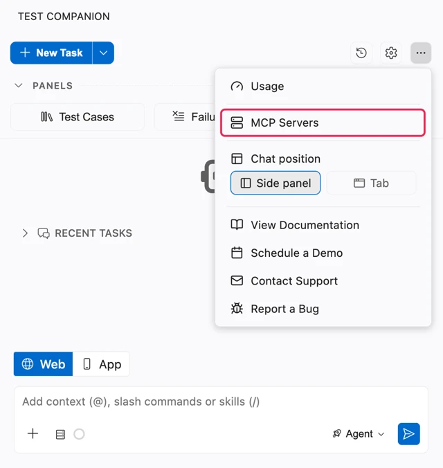 More options menu open in the Test Companion panel, with MCP Servers listed below Usage