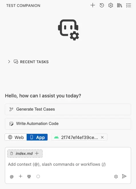 Select app mode from the test companion extension