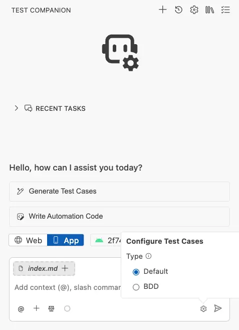 Select the type of test case format generation