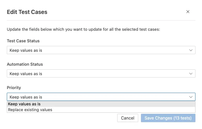 Edit test cases dialog showing all the generated test cases across various scenarios and custom fields