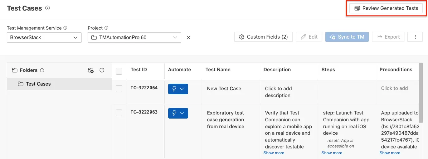 Test case panel showing all the generated test cases across various scenarios and custom fields